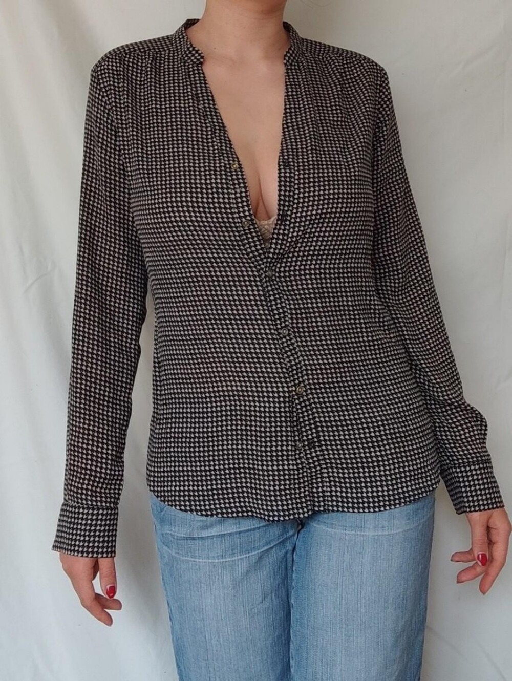 Black and Beige Patterned Blouse
